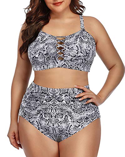 Front Lace Up Ruched Tummy Control Bikini For Plus Size Women-Orange Snake Print