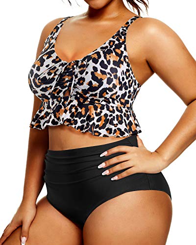 Stylish Two Piece Plus Size Swimsuit Flounce Top-Black And Leopard