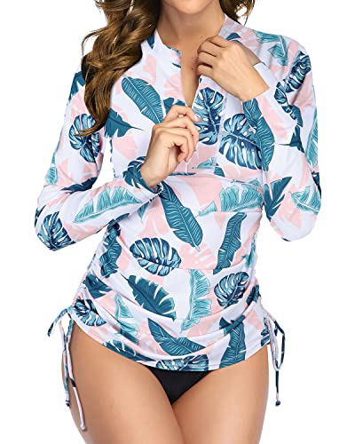 Women's One Piece Rash Guard Swimsuit Without Shorts-White Leaf