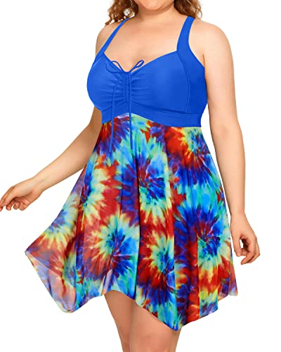 Irregular Hem Mesh Tankini Swim Dress For Plus Size Women-Tie Dye