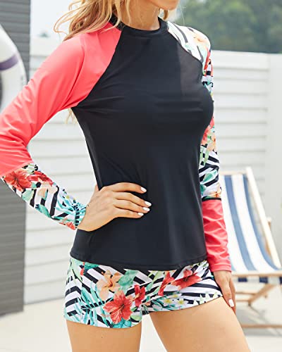 Teen Girls' Rash Guard Bathing Suit Two Piece Crew Neck Long Sleeve Rashguard-Black Floral