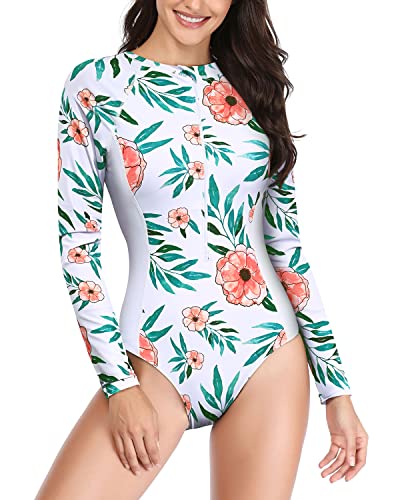 Surfing Rash Guard One Piece Swimsuit For Women Upf 50+-White And Red Floral