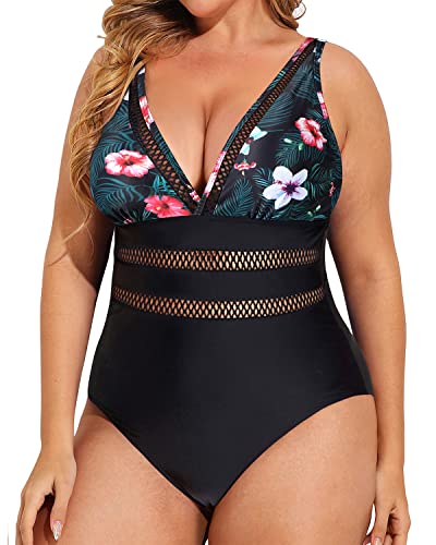 Sexy V Neck Tummy Control Plus Size Swimsuits-Black Floral