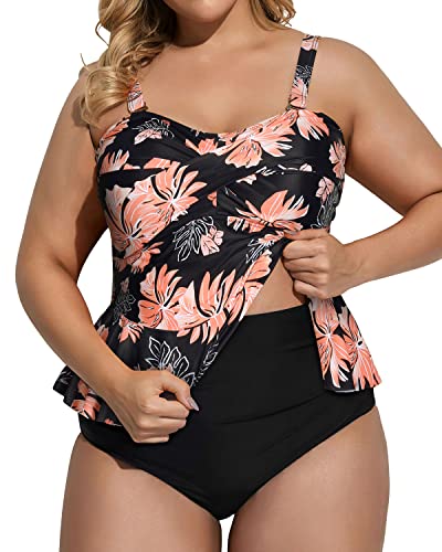 Peplum Twist Front Two Piece Tankini Set-Black Orange Floral