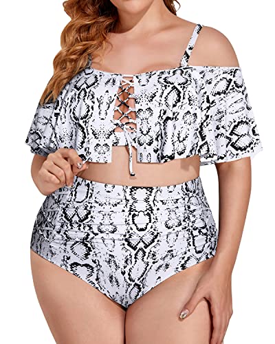 2 Piece Stylish Lace Up Plus Size High Waisted Bikini-Snake Print