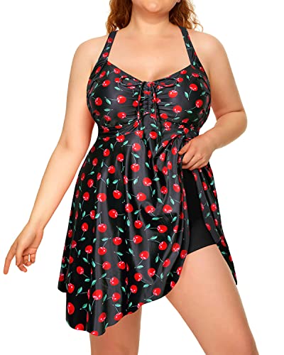 Plus Size Flowy Tankini Swimdress Boyshorts For Women-Black Cherry