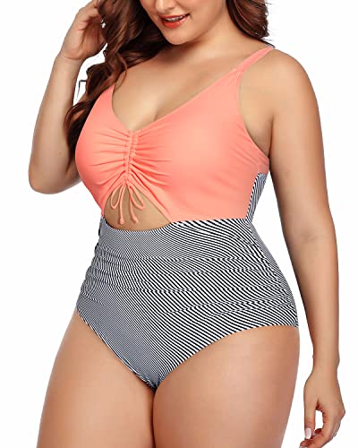 Sexy Cutout V-Neck Plus Size Monokini Swimsuits-Coral Pink Stripe