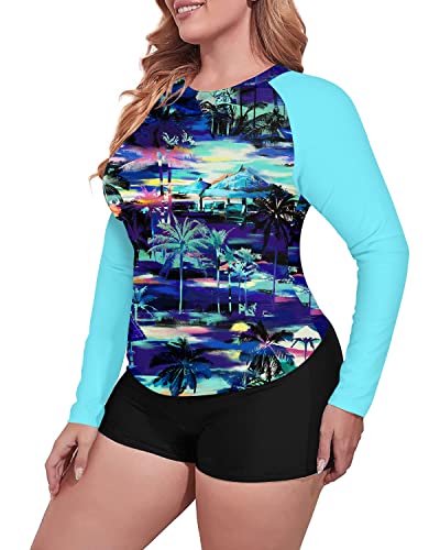 Plus Size Uv Protection Rash Guard Tankini Boy Short For Women-Blue Palm Tree