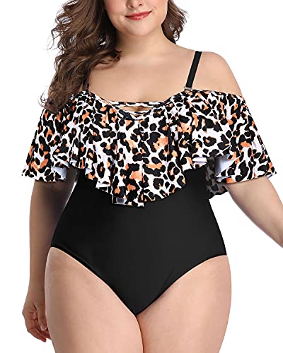 Off Shoulder Ruffle Plus Size Swimsuits-Black And Leopard