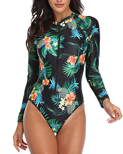 Modest Women's Rash Guard Long Sleeve Swimsuit Built-In Bra-Black Pineapple