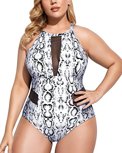 Trendy High Neck Open Back Monokini Plus Size Swimwear-Snake Print