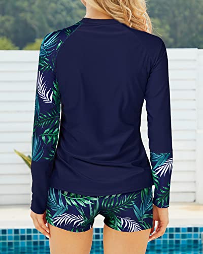 Breathable Uv Block Swimsuits Long Sleeve Swimming Suits Women-Navy Blue Leaf