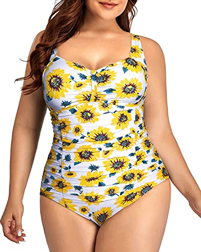 Sweetheart Neckline Retro One Piece Swimsuit For Plus Size Women-White And Sunflower