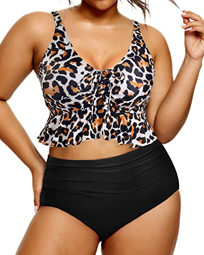 Stylish Two Piece Plus Size Swimsuit Flounce Top-Black And Leopard