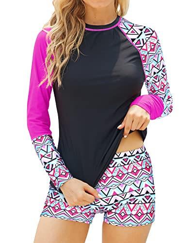 Women's Raglan Sleeves Rashguard Boyshort Bottoms Two Piece Crew Neck Long Sleeve Rashguard-Pink Black Geometry