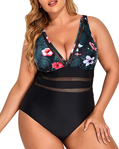 Sexy V Neck Tummy Control Plus Size Swimsuits-Black Floral