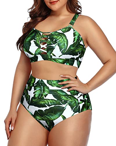 Hollow Out Design Ruched Tummy Control Bikini For Plus Size Women-Green Leaf