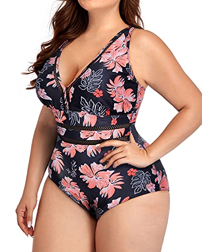 Full Coverage See Through Plus Size One Piece Swimsuit-Black Orange Floral