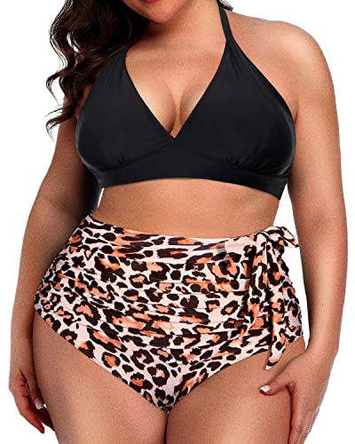 Push Up Halter Bikini Set For Plus Size Women-Black And Leopard