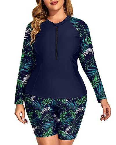 Athletic Women's Rash Guard Tankini Boy Shorts Bottom-Navy Blue Leaf