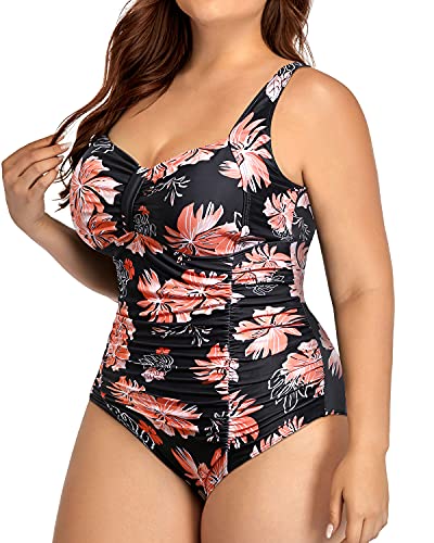 Removable Padded Push Up Bra Swimsuits For Plus Size Women-Black Orange Floral