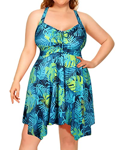 Sexy Cross-Back Tummy Control Plus Size Two Piece Swimdress-Blue Leaf