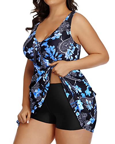 Adjustable Tie-Knot Tankini Swim Dress Boyshorts For Curvy Women-Black Floral