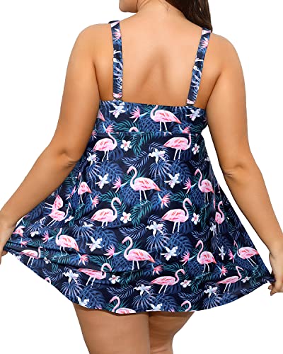 Women Slimming Plus Size Swim Dress Boyshorts Beach Cover Up Dresses-Black Flamingo