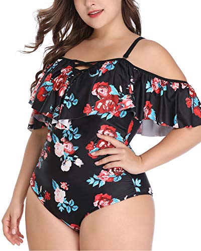 High Neck Ruched Plus Size One Piece Swimsuits-Black Floral