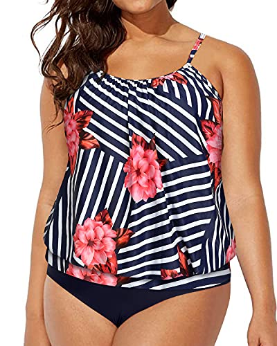 Women's Deep Cut Sides Athletic Plus Size Tankini Swimsuits-Navy Blue And Red Fl