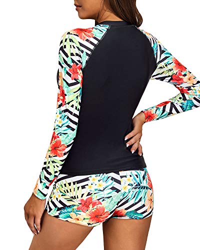 Crew Neck Two Piece Womens Rash Guard Swimsuit-Black And Striped Leaves