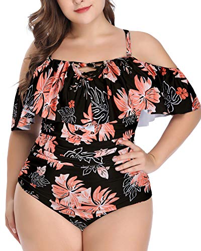 Off Shoulder Ruffled Plus Size One Piece Swimsuits-Black Orange Floral