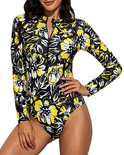 Women's Surfing Rash Guard Swimsuit Zipper And Upf 50 Protection-Black And Yellow Floral