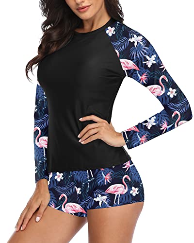 Comfortable Women's Boyshort Rashguard Swimsuit Set-Black Flamingo