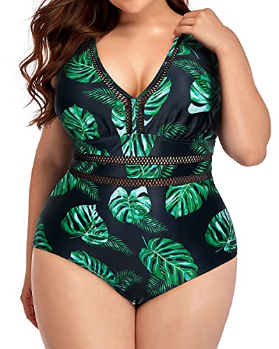 Comfortable And Attractive Plus Size Backless Bathing Suit-Black And Green Leaf