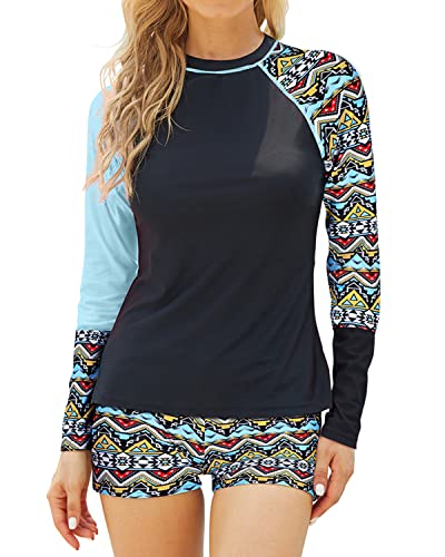 Women's Uv Block Swimsuit Two Piece Crew Neck Long Sleeve Rashguard-Black Geometry