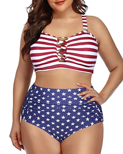 Lace Up High Waisted Plus Size Bikini Swimsuit For Women-National Flag