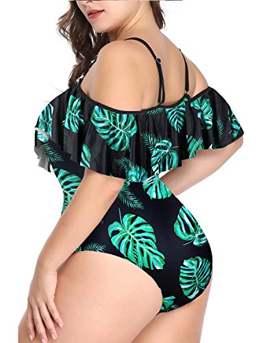 Retro Style Tummy Control Plus Size One Piece Swimsuits-Black And Green Leaf