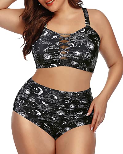 Flattering Ruched Two Piece Bikini For Plus Size Women-Black Sun And Moon