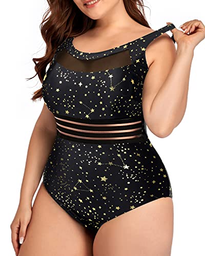 Women One Piece Swimsuits Plus Size Mesh High Neck Vintage Bathing Suits-Gold Stars