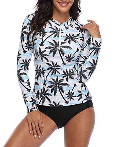 Two Piece Rash Guard Set Upf 50 For Women-Black Palm Tree