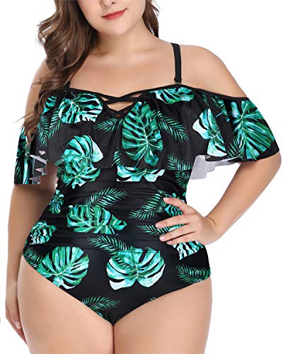 Retro Style Tummy Control Plus Size One Piece Swimsuits-Black And Green Leaf