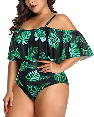 Cute Flounce Top Tummy Control Plus Size Swimwear-Black And Green Leaf