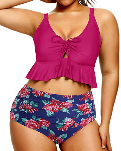 Tummy Control Curve Bikini Set Flounce Hemline-Pink Floral