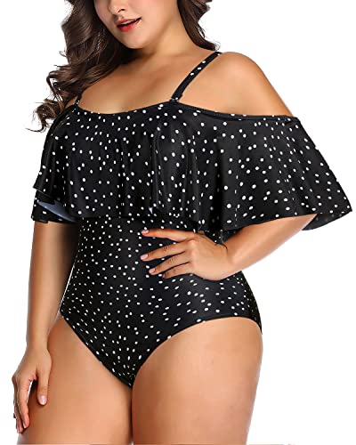 Trendy Flounce Off Shoulder Bathing Suit For Women Plus Size One Piece-Black White Dot