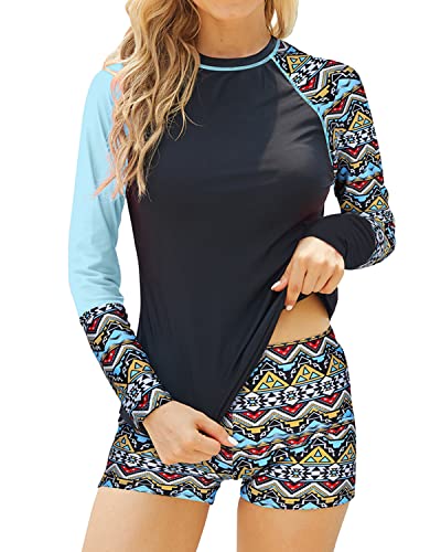 Women's Uv Block Swimsuit Two Piece Crew Neck Long Sleeve Rashguard-Black Geometry