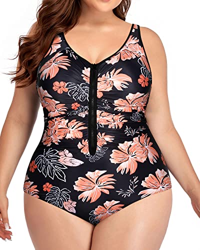 Athletic Plus Size One Piece Zipper Swimsuits For Water Sports-Black Orange Floral