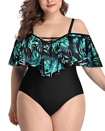 Sexy Lace-Up Off Shoulder One Piece Swimsuits-Black And Green Leaves