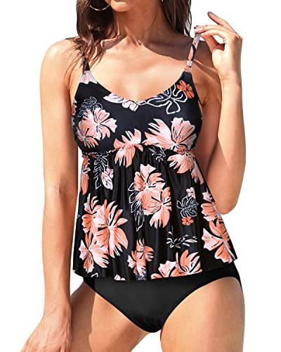 High Waisted 2 Piece Bathing Suit Blouson Tankini-Black Orange Floral