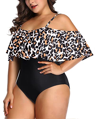 Adjustable Strap Ruffle Tummy Control Bathing Suit-Black And Leopard